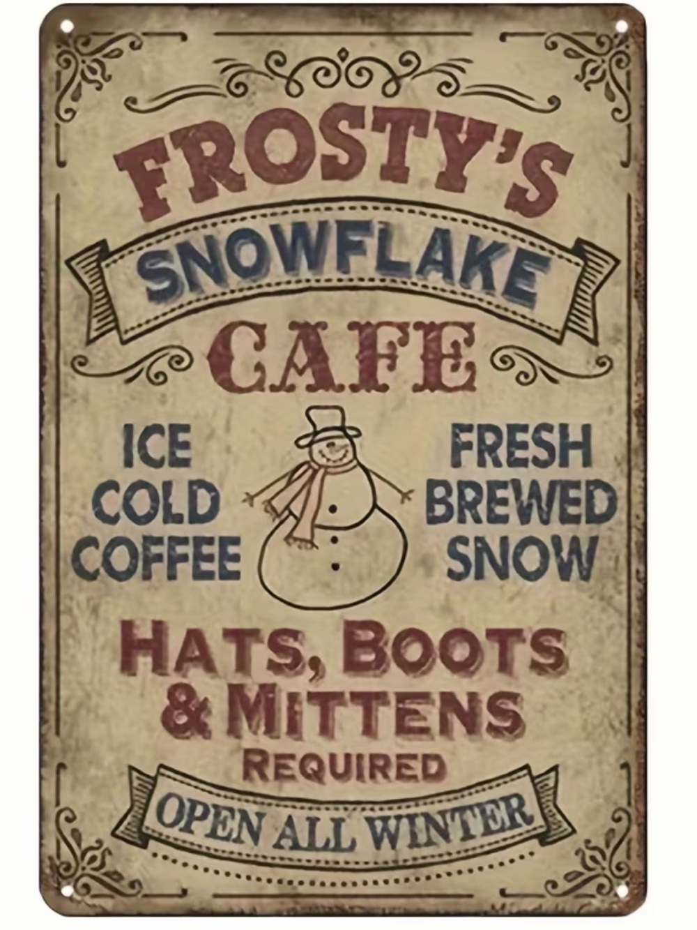 Frosty's Snowflake Cafe Vintage Metal Sign - Red & Blue Text